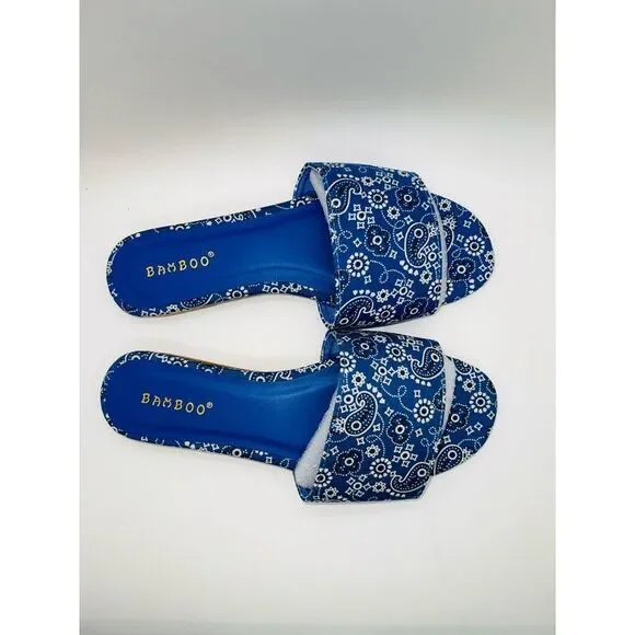 Bamboo Zest-16 Women's Blue Bandana Print Flat Sandals Size 7 New - Picture 6 of 8